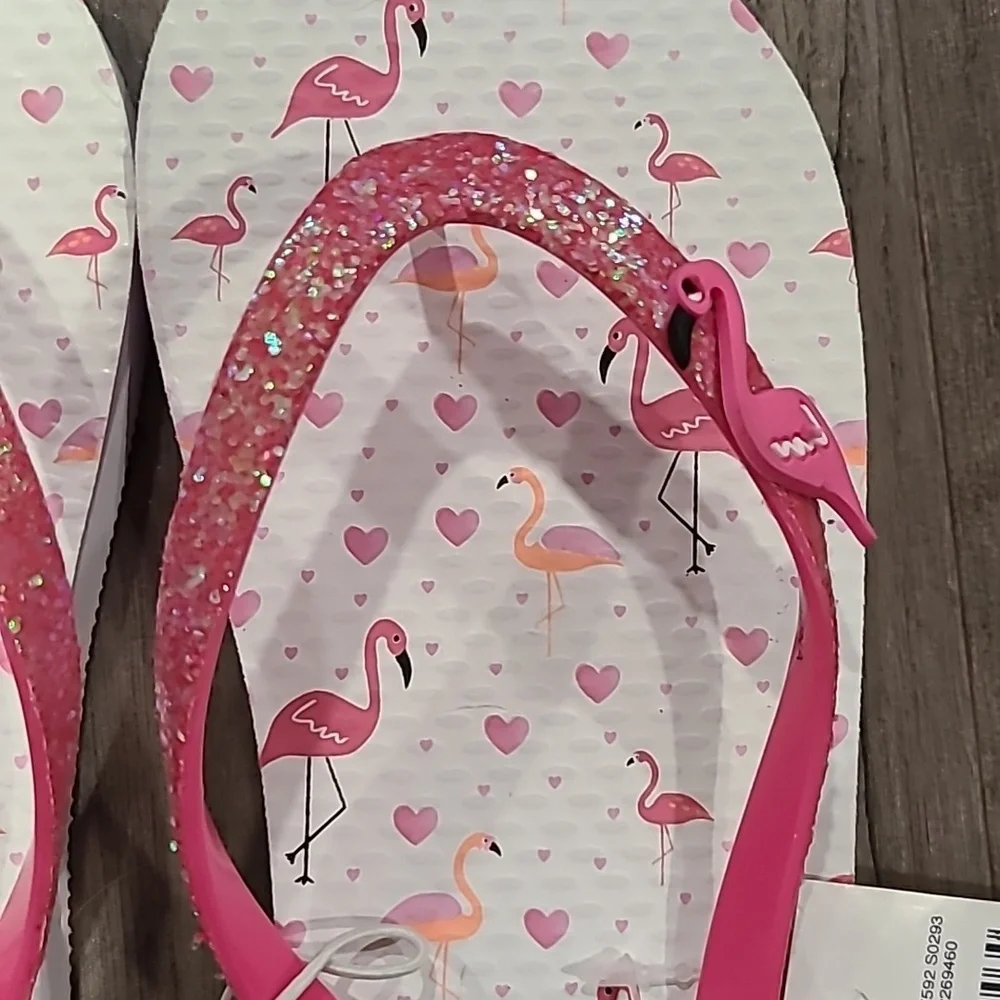 Justice Glitter Flamingo Glitter Flip Flops Size 4/5